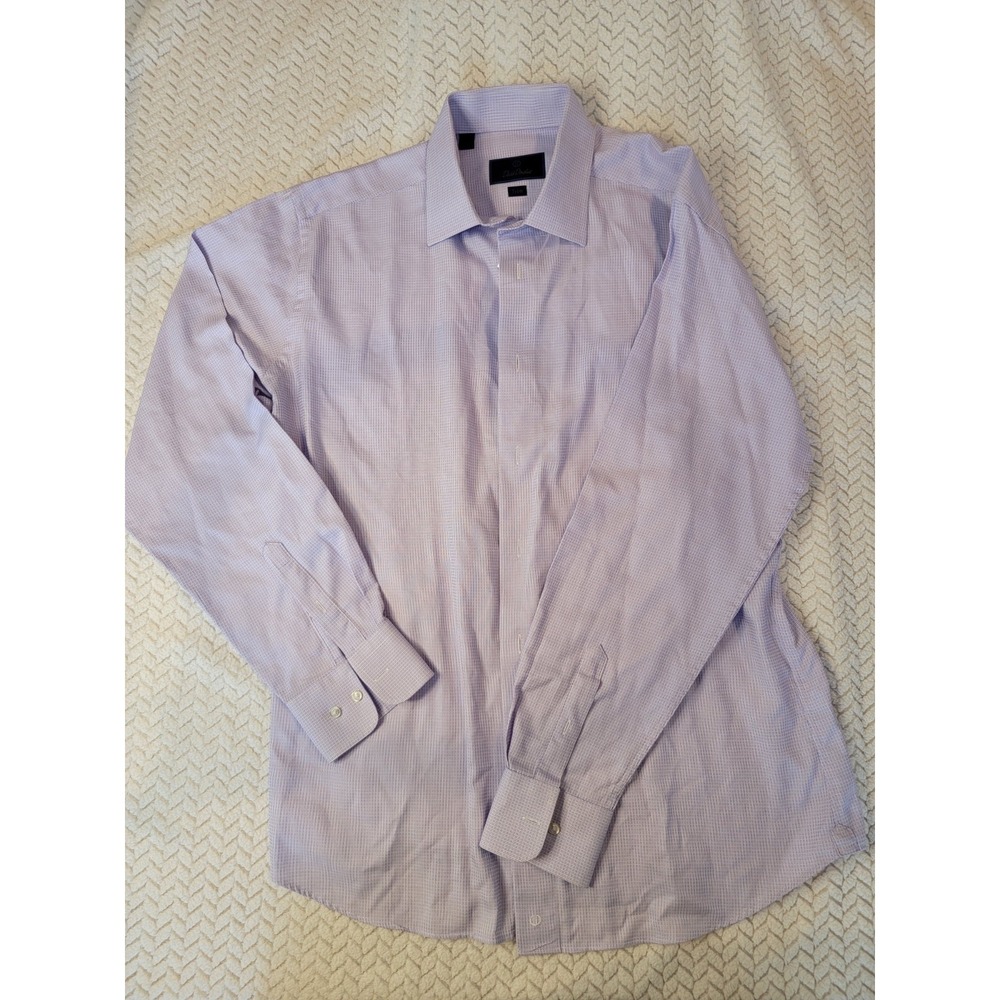David Donahue Dress Shirt Mens 16.5-34/35 Light Purple Checked pattern Trim Fit